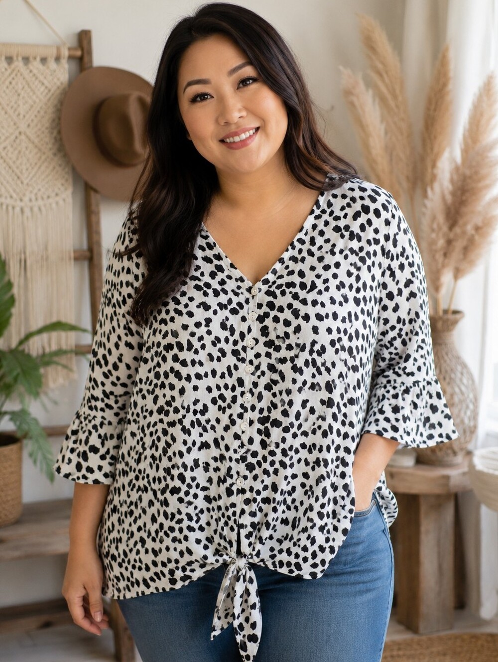 Kancystore XL Dalmatian Print Tie Front Bell Sleeve Blouse